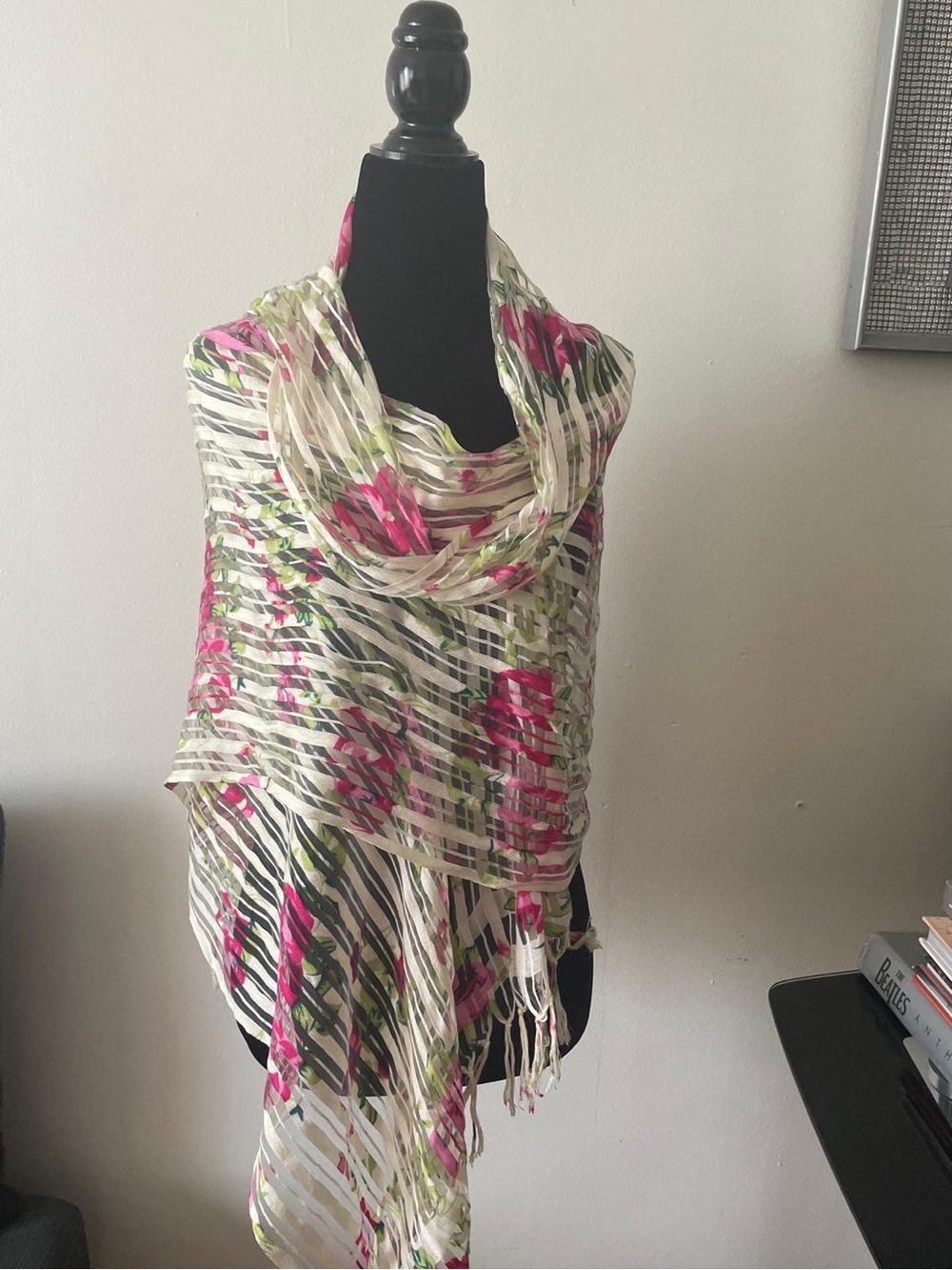 Cream Floral Scarf Mousseline with Pink & Green Accents by - Picture 4 of 4